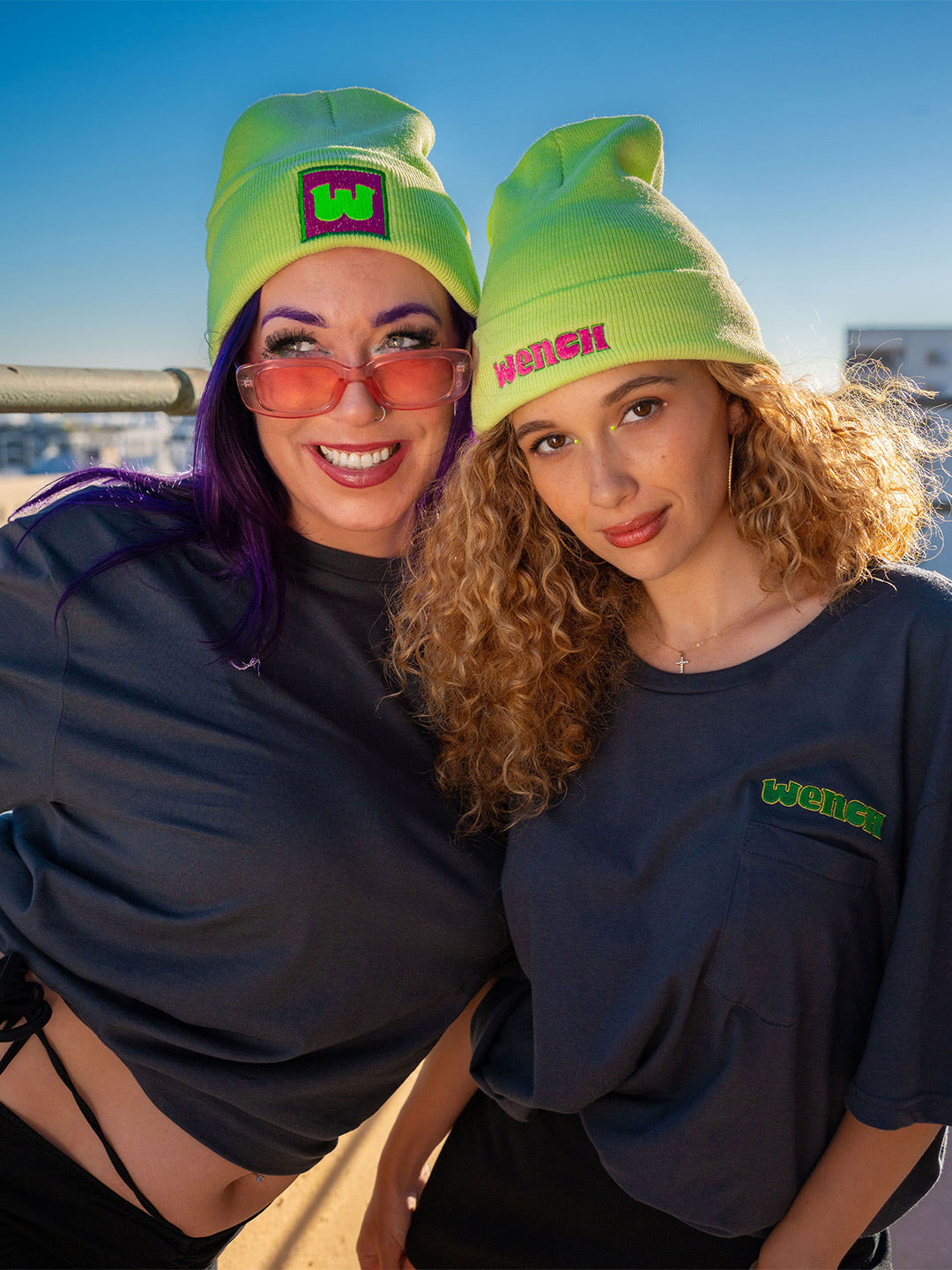 Wenches 2024 Beanie Grass is Greener W Logo Pink Green with Unisex Pocket Tee