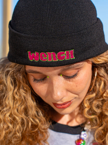 Wenches 2024 Black Beanie Pink Green Wench Logo Detail Shot